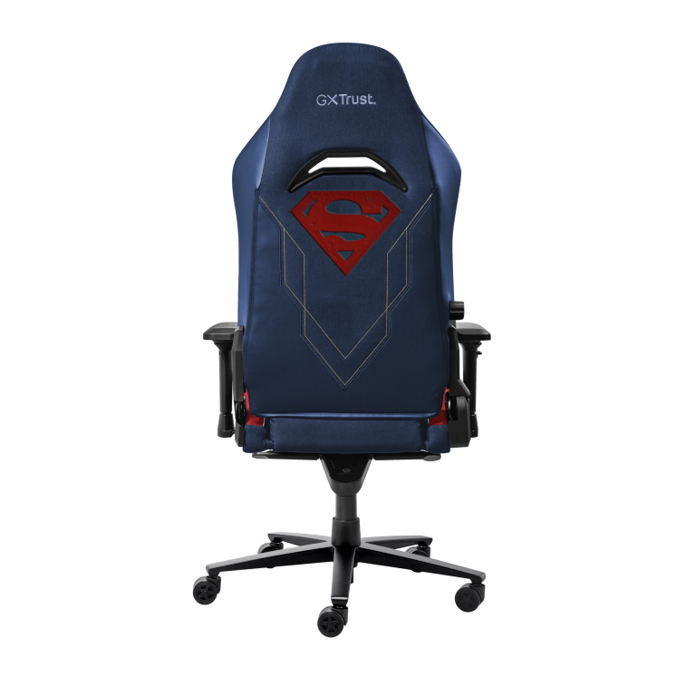 Tył niebiesko-czarnego fotela do gier z logo Supermana.