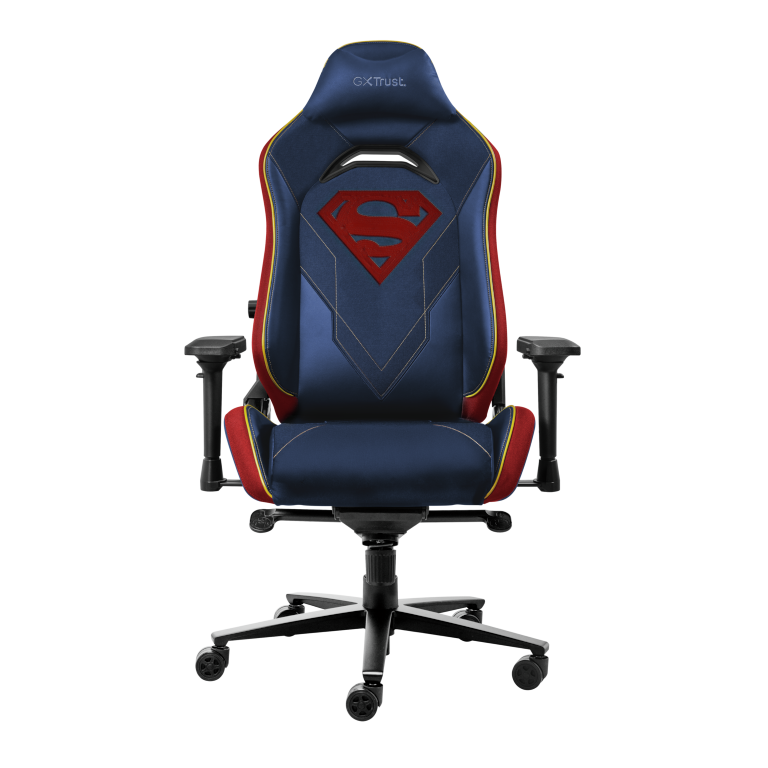 Krzesło do gier Superman z niebieskim siedziskiem, czerwonymi bokami i logo Supermana.