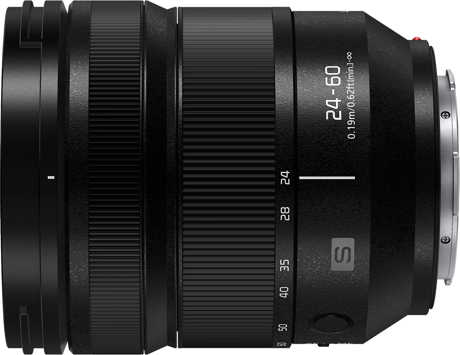 Objectif d'appareil photo noir avec une étiquette indiquant '24-60' et d'autres marquages.