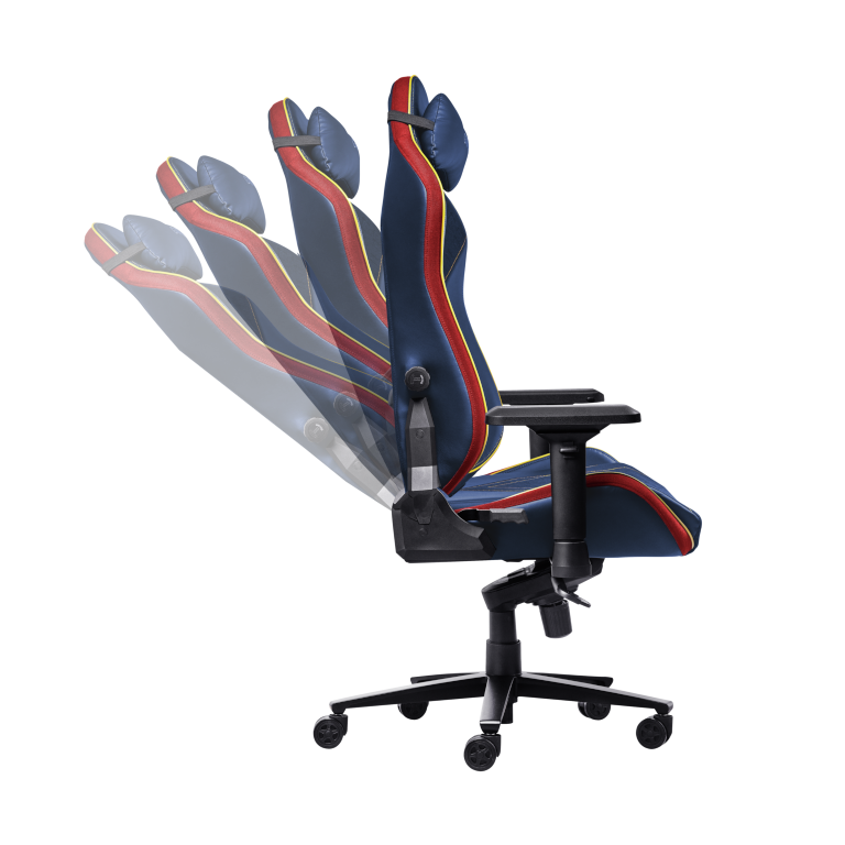 Niebieski fotel gamingowy. Krzesło jest odchylone pod kątem. Widoczne są czerwone i żółte akcenty.