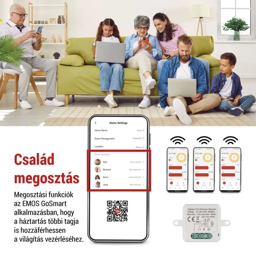Egy család egy okosotthon-alkalmazással rendelkező telefont néz. Megosztják a világítás beállításait.