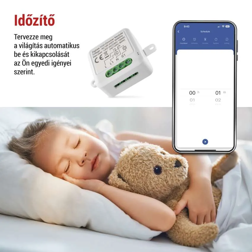 Egy gyerek alszik egy macival és egy telefon, amely a smart home világítás időzítését mutatja.