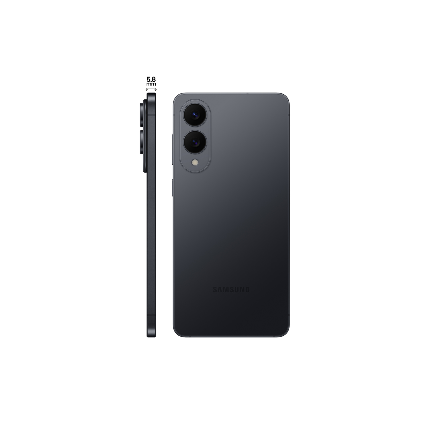 Black phone, back and side views. Two camera lenses. White background.