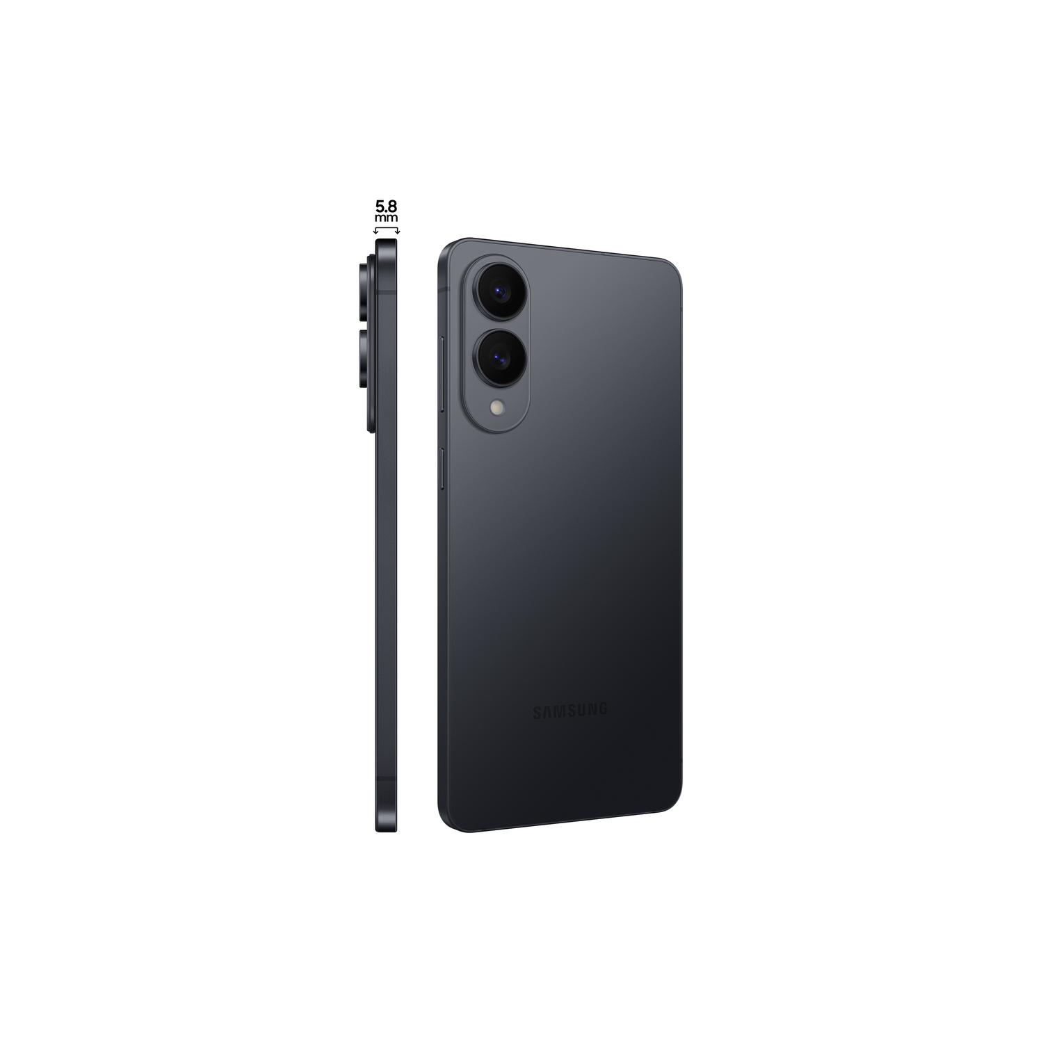 Black phone, back and side views. Two camera lenses. White background.