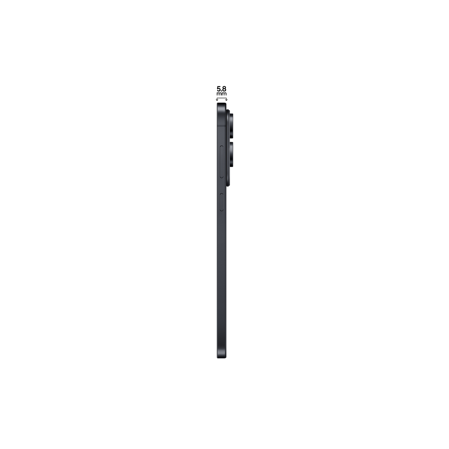 Dark gray phone side view, 5.8mm thickness. White background.