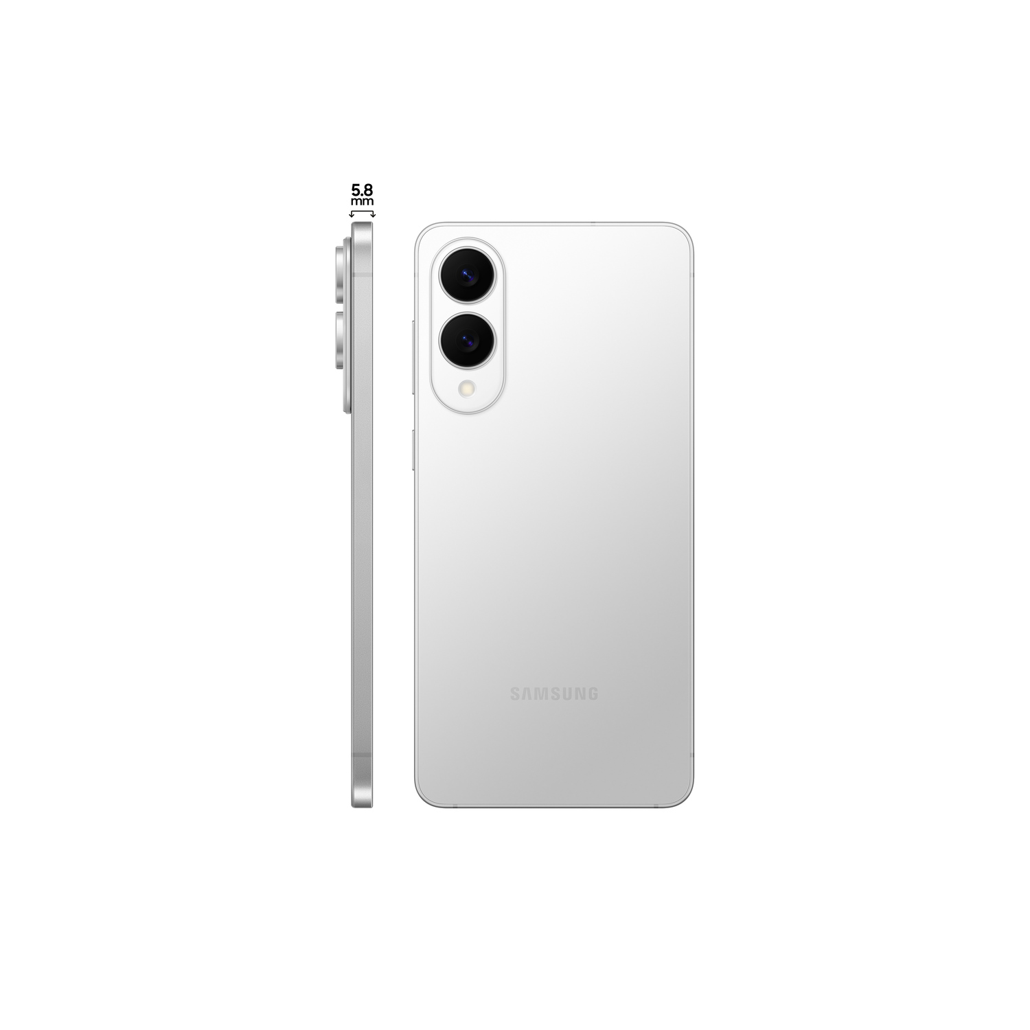 Witte smartphone met dubbele camera's en een zijaanzicht dat de dikte toont.