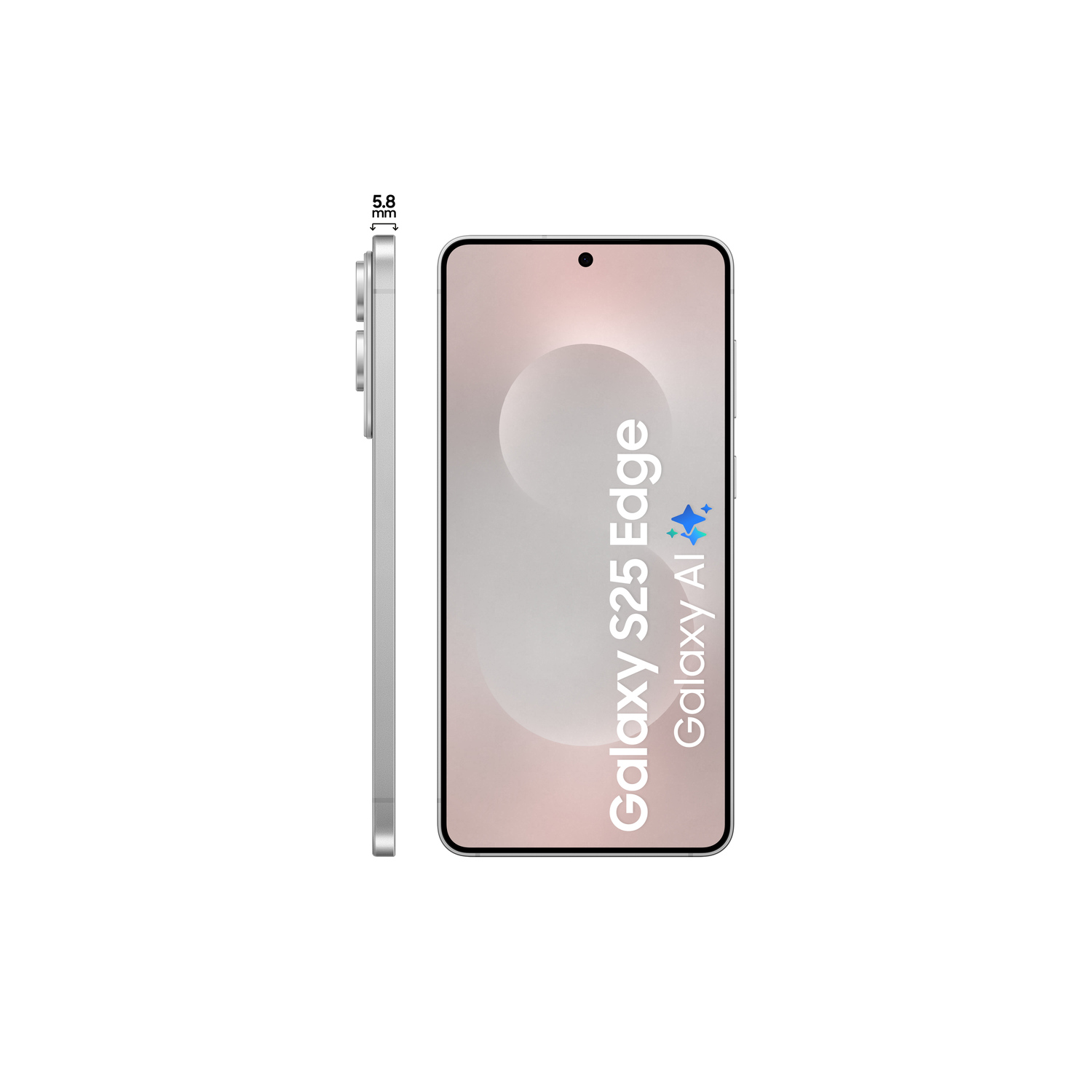 Zilveren smartphone met een scherm dat de tekst "Galaxy S25 Edge Galaxy AI" weergeeft.