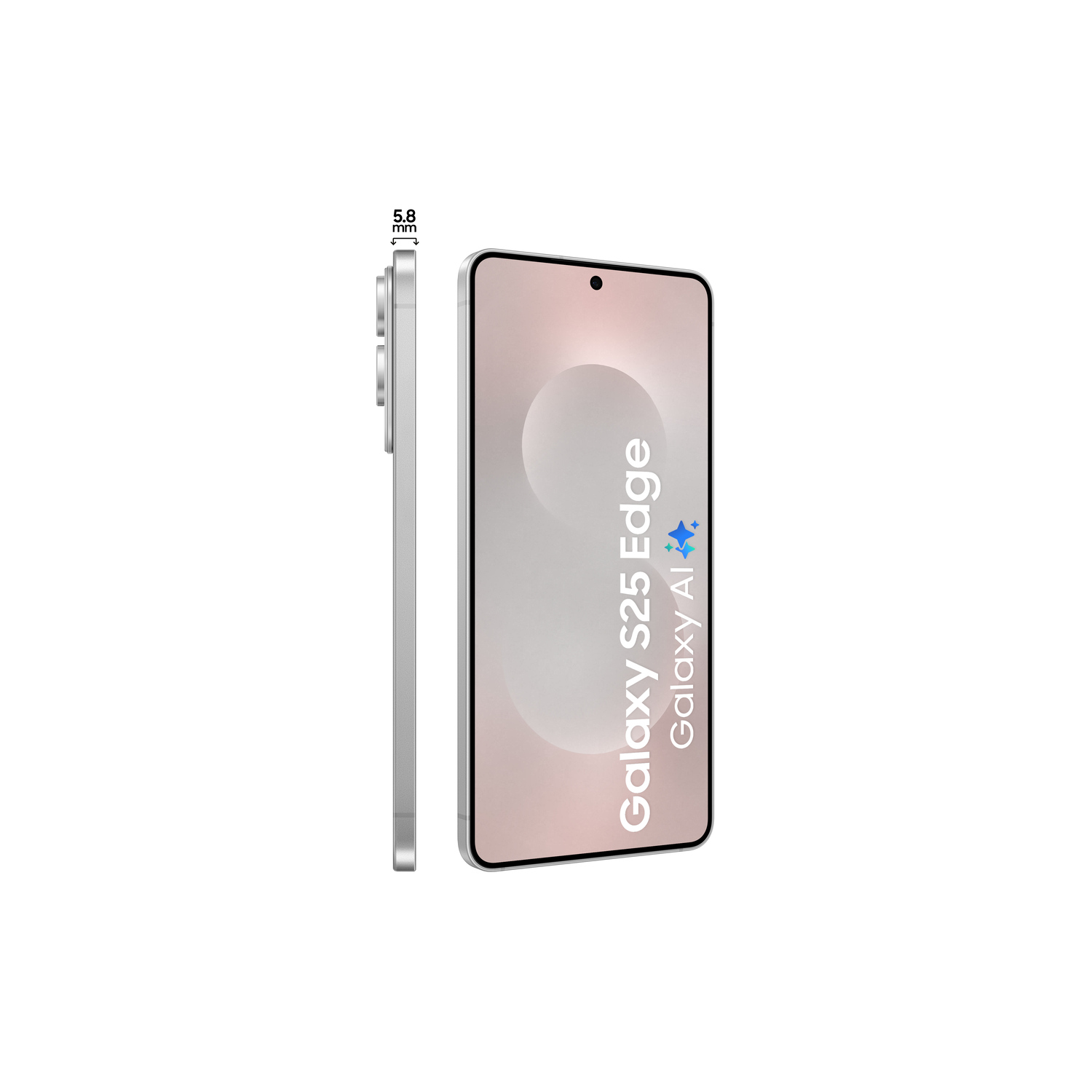 Zilveren smartphone, zijaanzicht en vooraanzicht, met de tekst "Galaxy S25 Edge Galaxy AI".