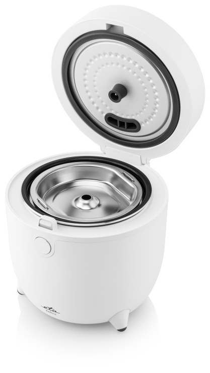 Fehér rizsfőző, nyitva, belsővel, belső alkatrészekkel, fehér háttérrel.