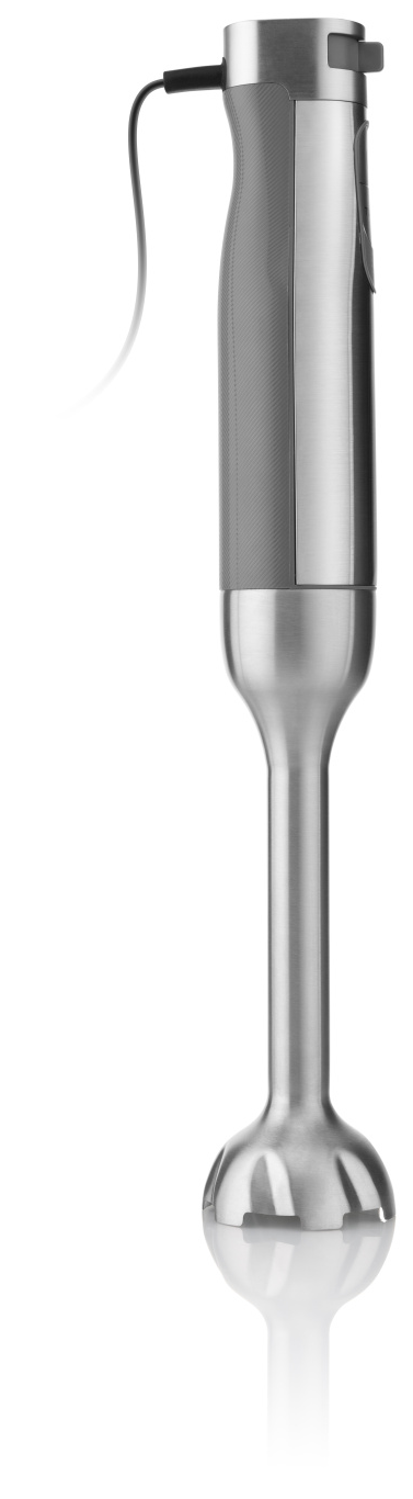 Ezüst kézi mixer. Fogantyú és texturált markolat. Egyszerű design. Szürke felső rész.