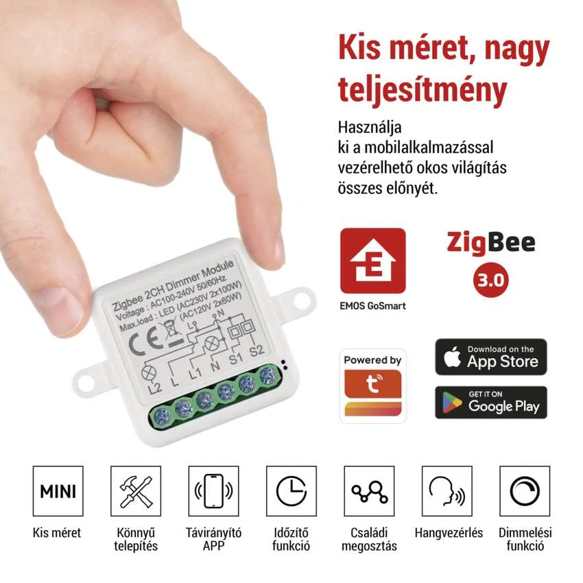 Egy személy keze egy fehér Zigbee dimmer modult tart egy okosotthon felülettel.