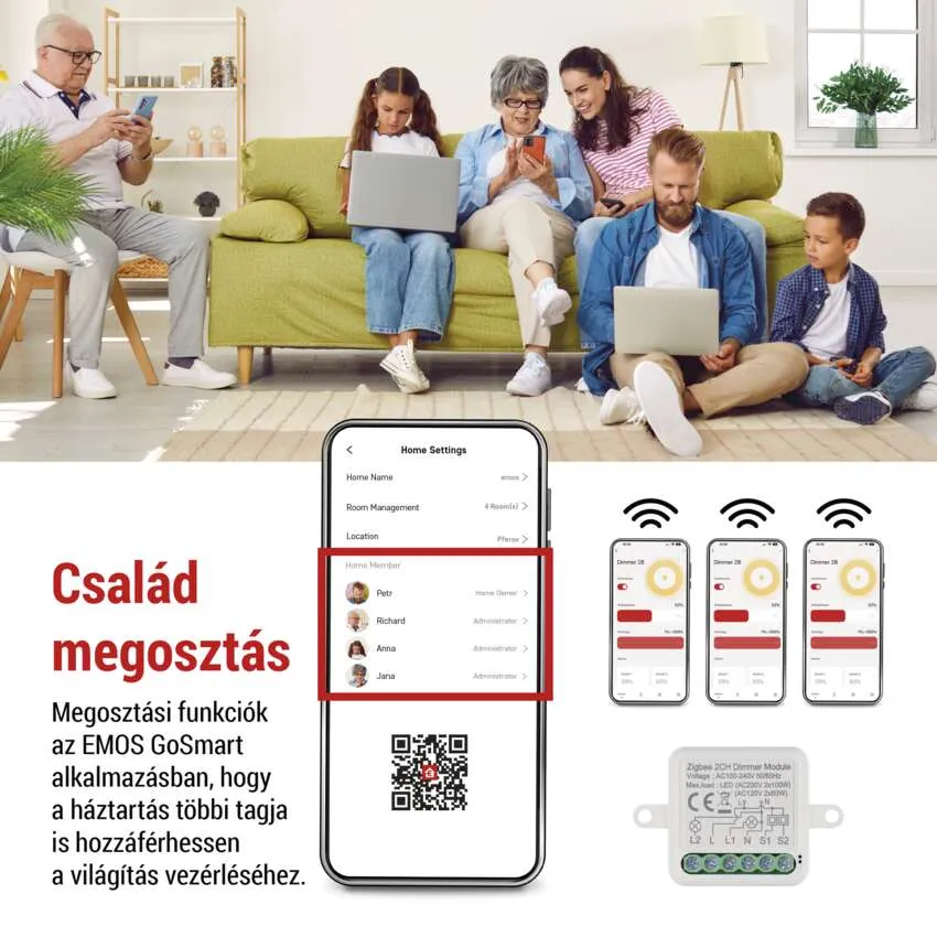 Egy család okosotthon vezérlést használ egy Zigbee 2CH dimmer modullal és okoseszközökkel.