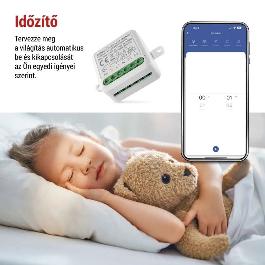 Egy gyerek alszik egy macival és egy telefon, amely a smart home világítás időzítését mutatja.