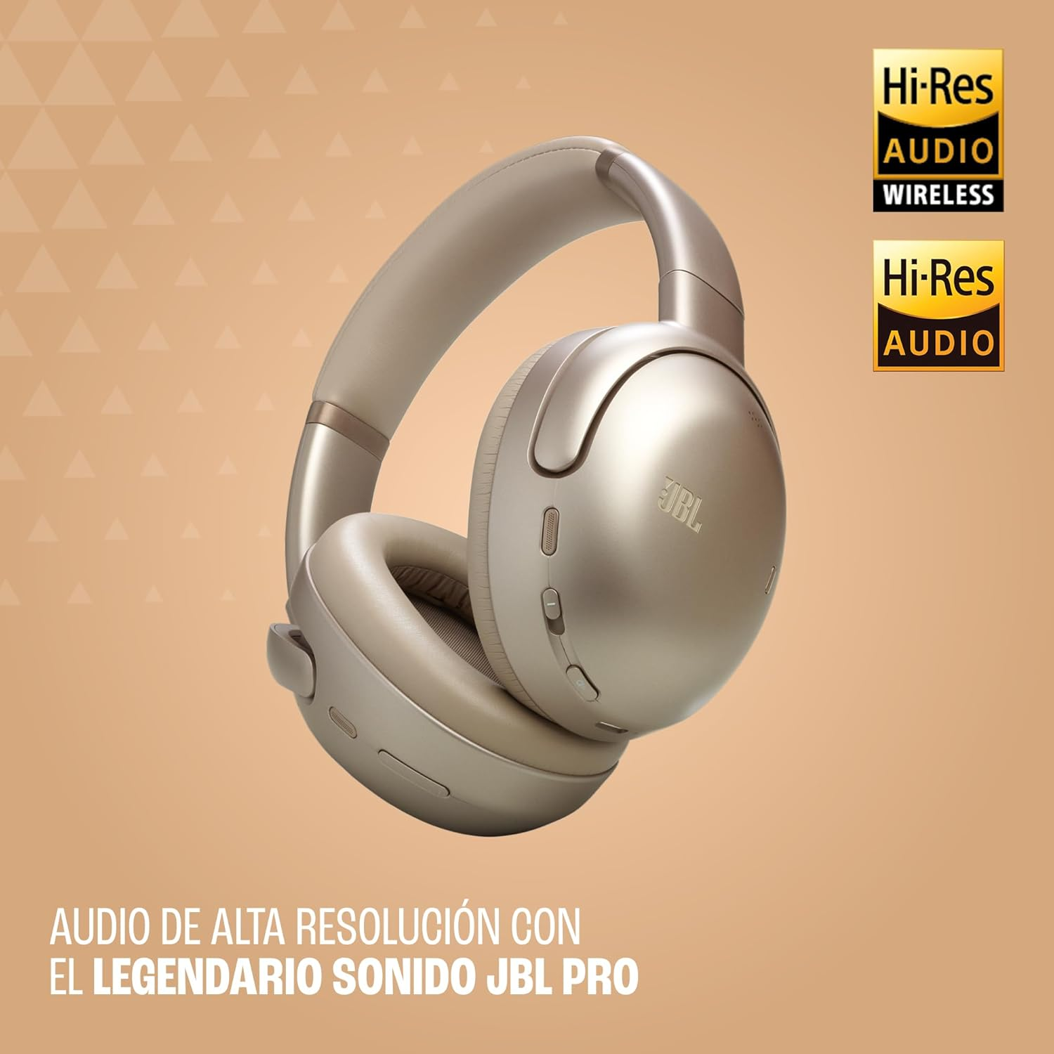 Auriculares dorados con el logotipo de Hi-Res Audio.
