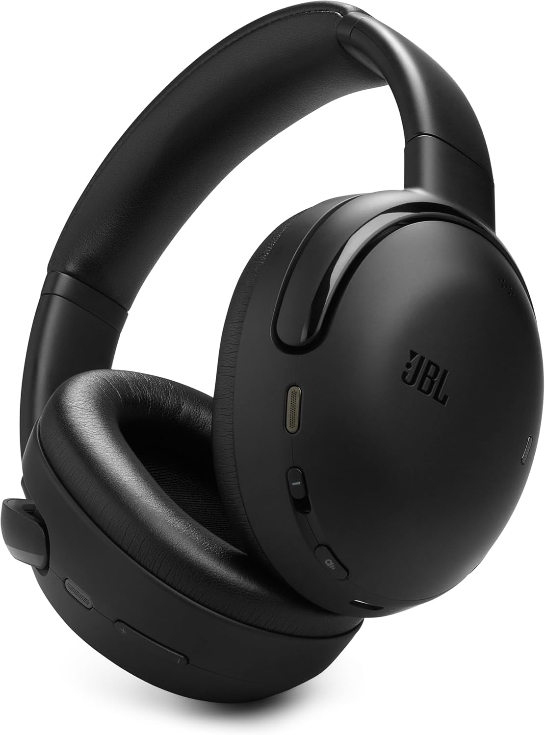 Auriculares JBL negros. Diseño elegante, botones visibles y logotipo JBL en el lateral.