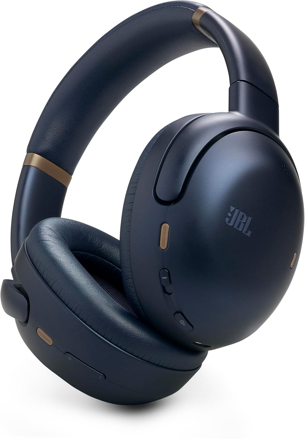 Auriculares azul oscuro con detalles dorados. Logotipo JBL visible, detalle de la orejera.