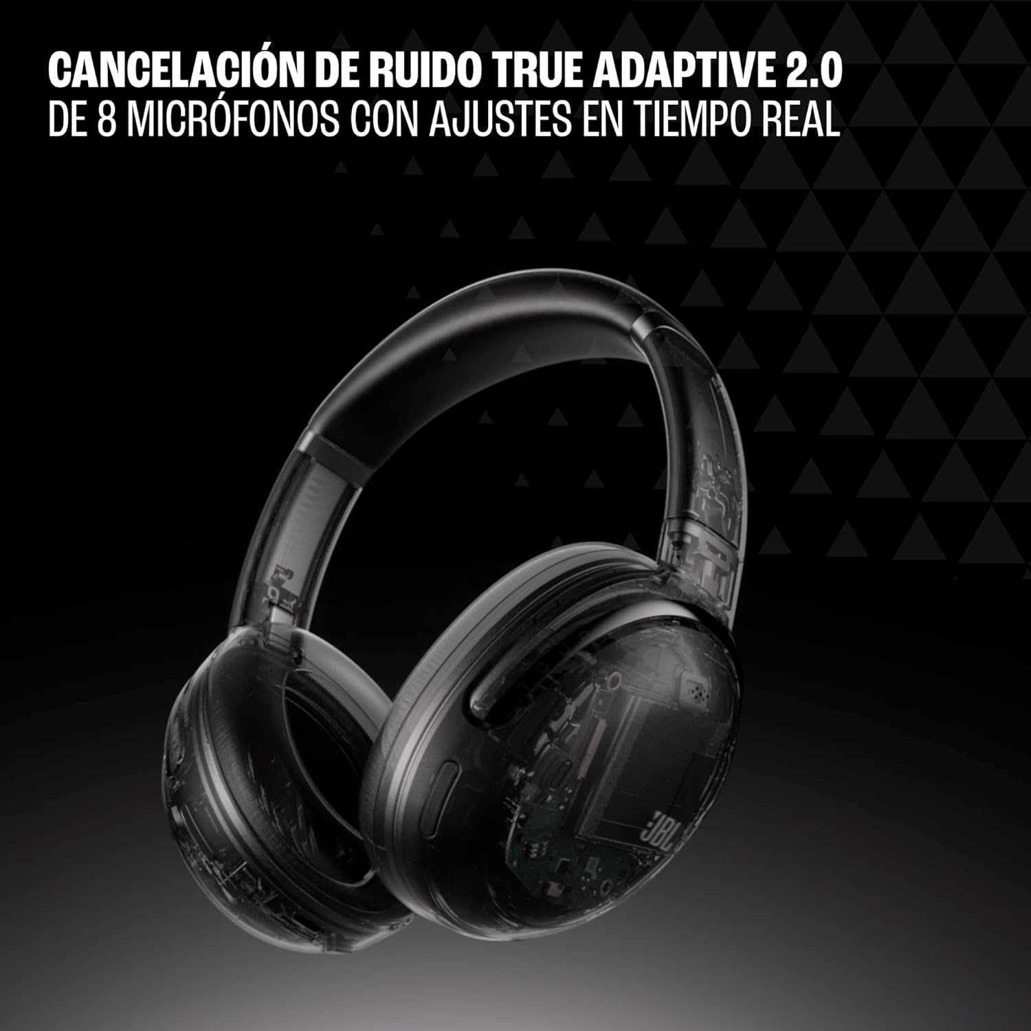 Auriculares transparentes, circuitos internos visibles. Fondo negro, logo JBL visible.