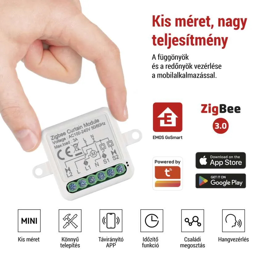 Kéz, amely egy Zigbee modult tart, az alkalmazásikonok és a szöveg mellett.