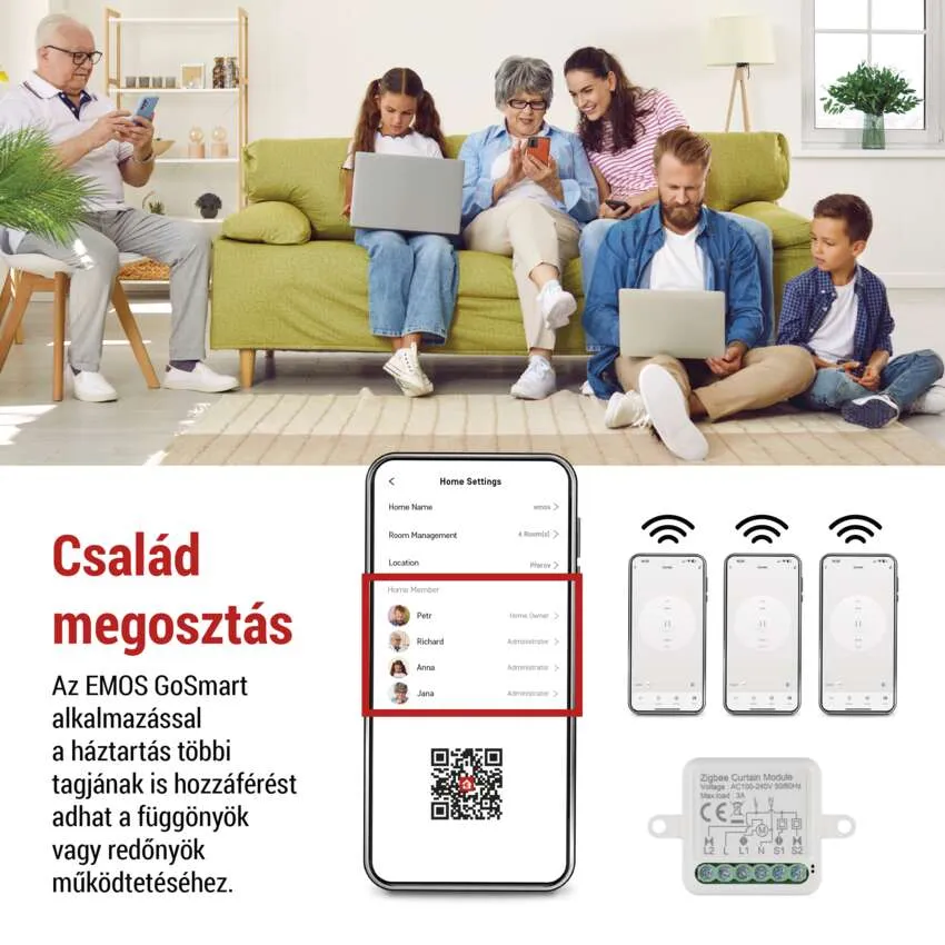 Család okostelefonokat használ, egy okosotthon alkalmazás felületével.