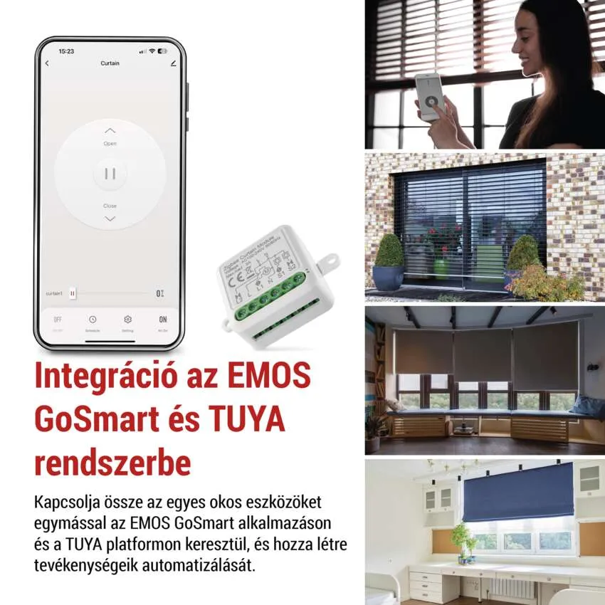 Okosotthon alkalmazás felület függönyvezérléssel és rendszerintegrációval.