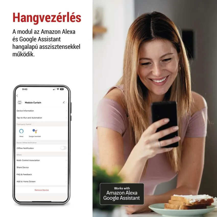 Nő, aki egy Alexa és Google Assistant integrációval rendelkező telefont használ.