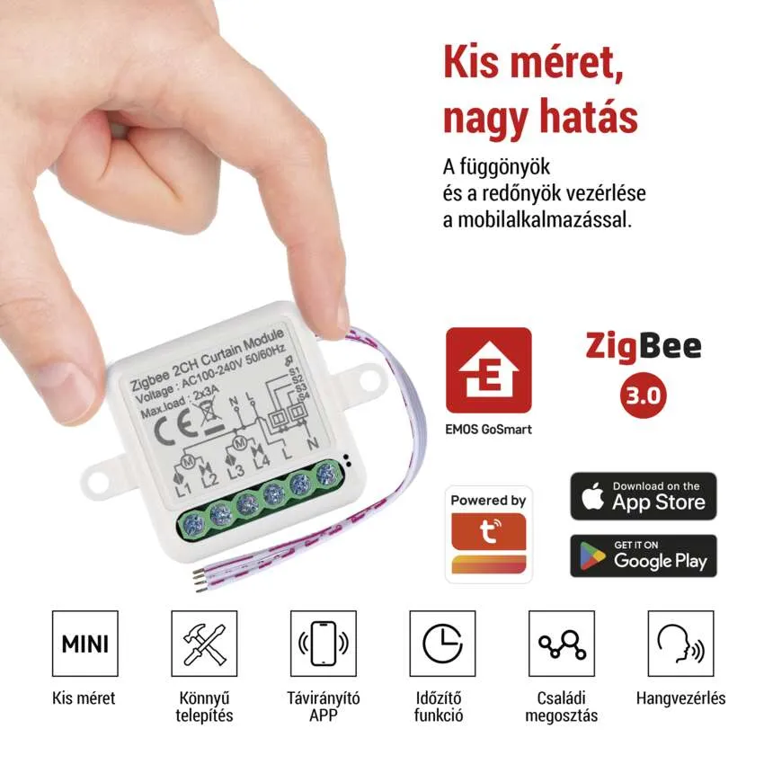 Kézben tartott Zigbee modul alkalmazás- és funkcióikonokkal.