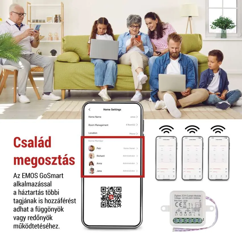 Család okosotthon alkalmazást használ, az eszköz és a távirányítók diagramjával.