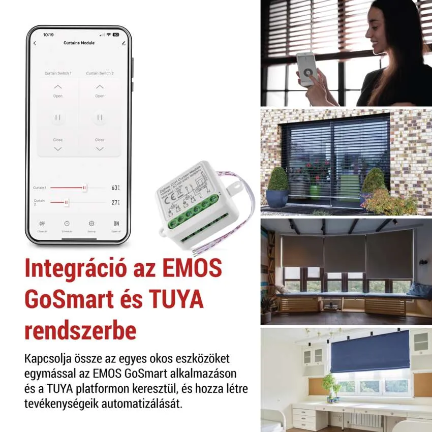Okosotthon vezérlés. Alkalmazás interfész, függönyök, távirányító és diagramok.