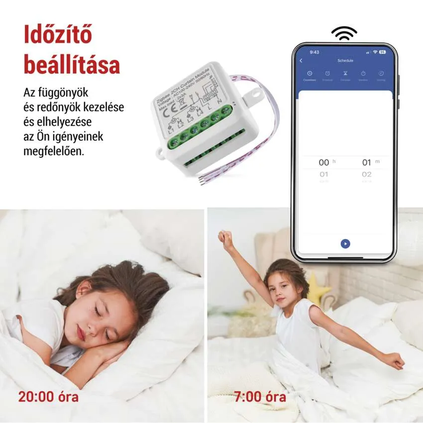 Egy kislány alszik és felébred, egy telefonnal, amely a smart home lámpák ütemezését mutatja.