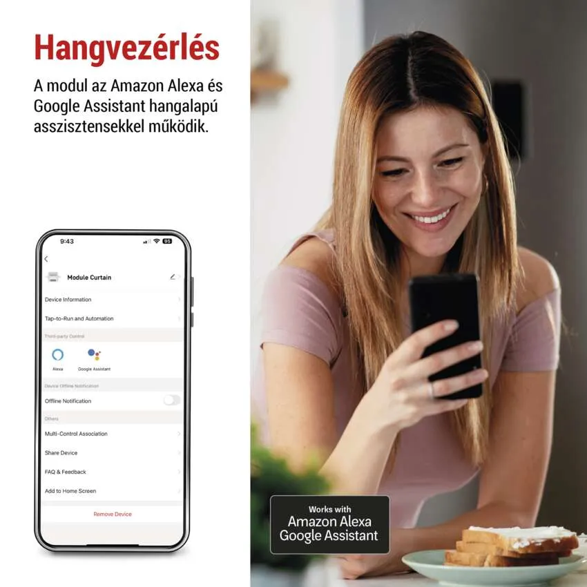 Mosolygó nő telefont tart. A telefon képernyője egy alkalmazást mutat Alexa és Google Assistant logókkal.