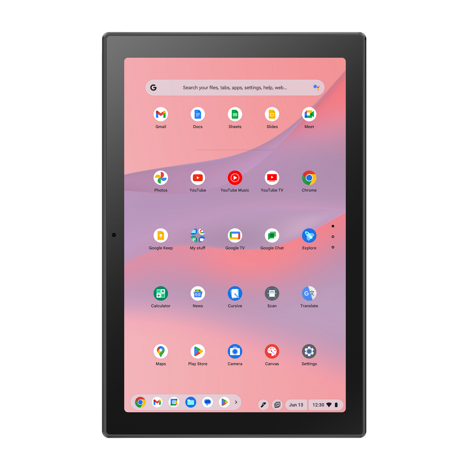 Una tableta con marco negro muestra aplicaciones como Gmail, YouTube y Chrome.