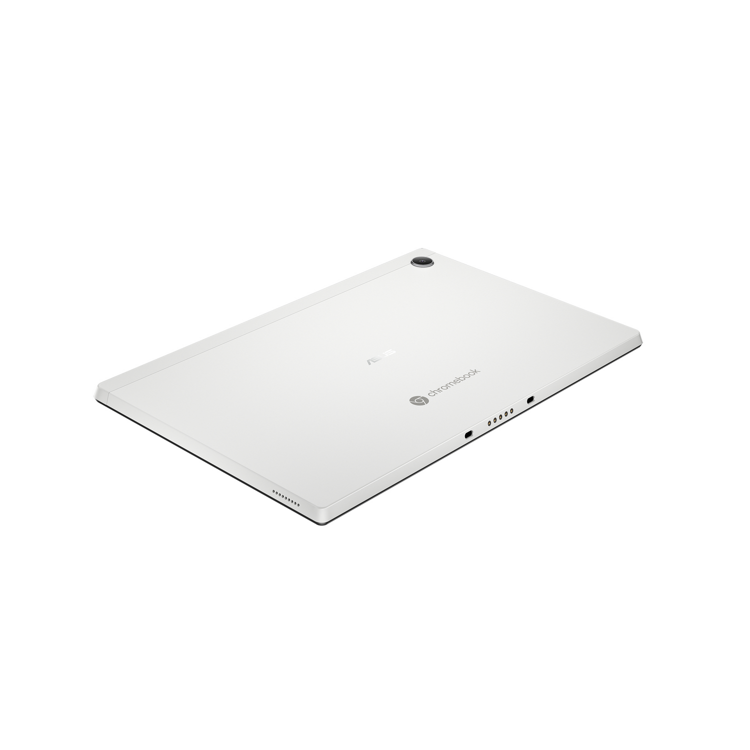 Parte trasera de la tableta ASUS Chromebook blanca, con cámara y logo Chromebook.