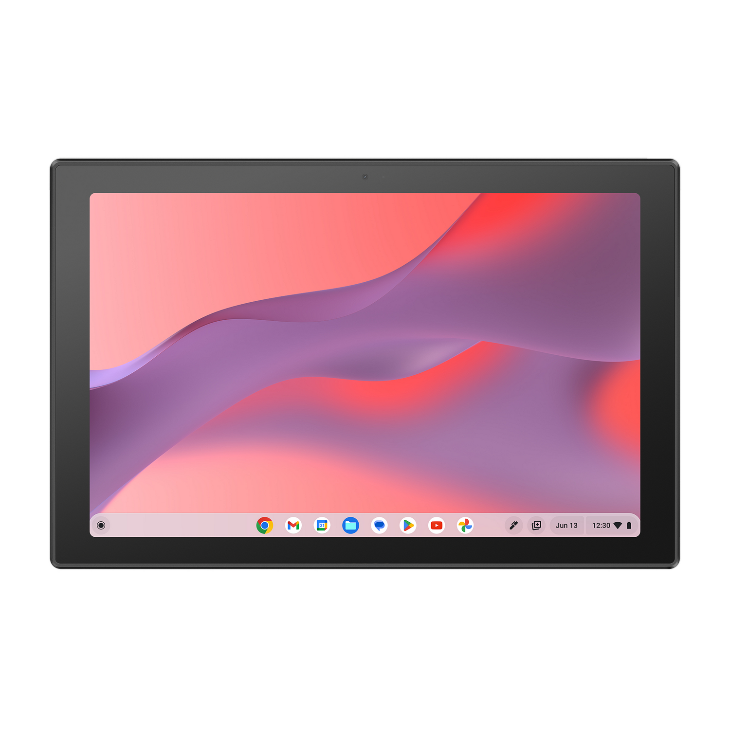 Pantalla de tableta negra muestra un fondo abstracto púrpura y rojo.