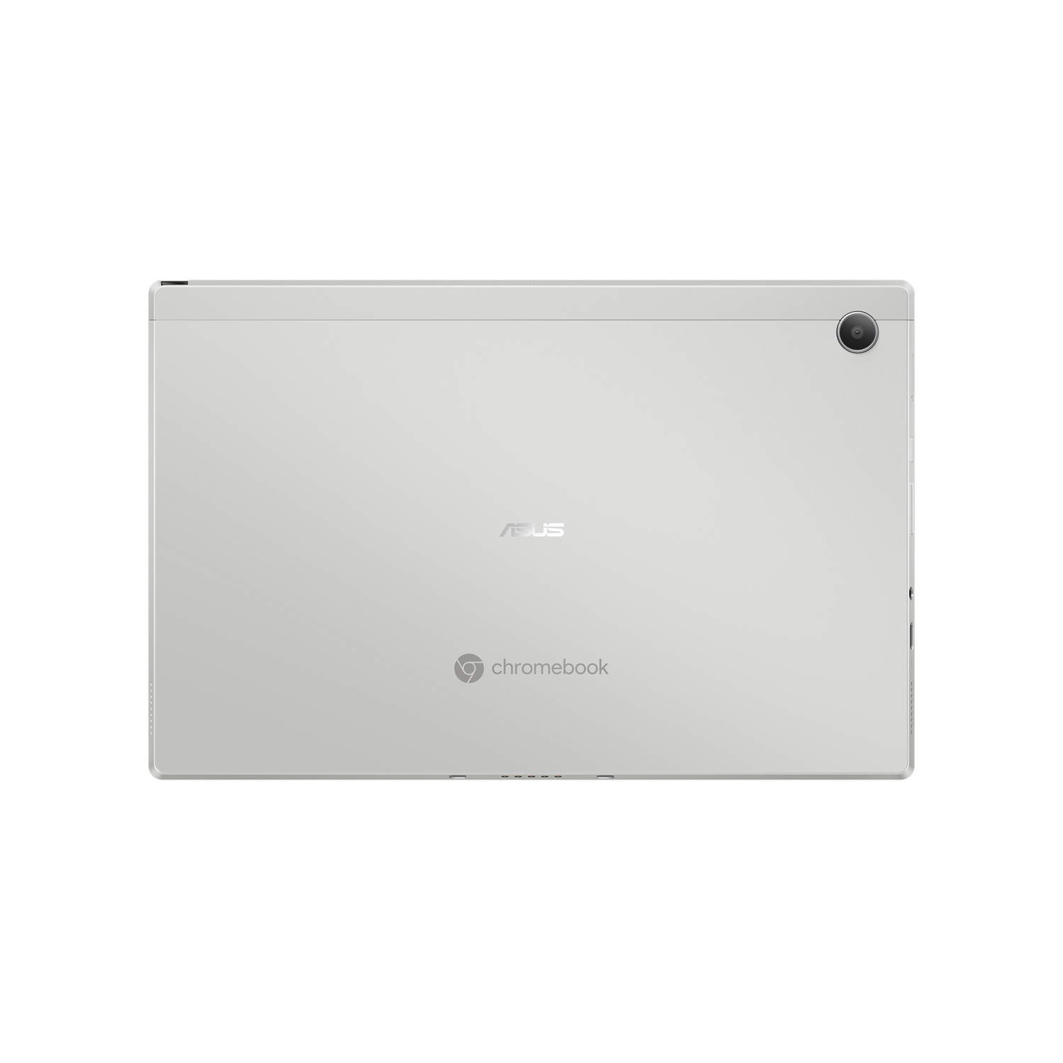Vista trasera de una tableta ASUS Chromebook blanca con cámara y el logo Chromebook.