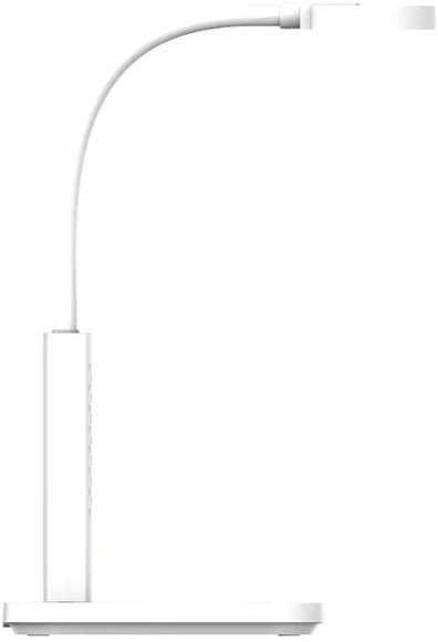 Biała lampa biurkowa z zakrzywionym ramieniem, prostokątną głowicą i podstawą.