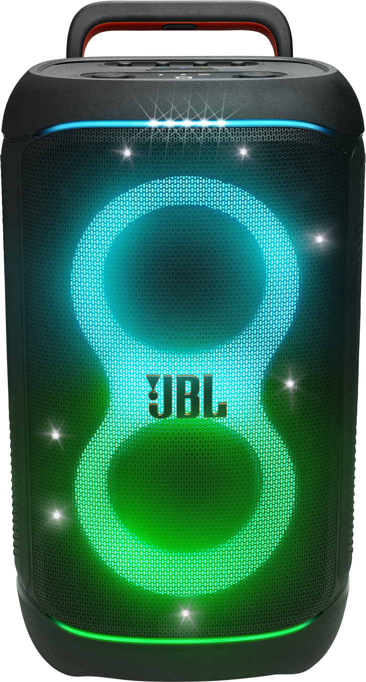 Schwarzer JBL PartyBox-Lautsprecher mit blauer und grüner Lichtanzeige, Griff und Logo.