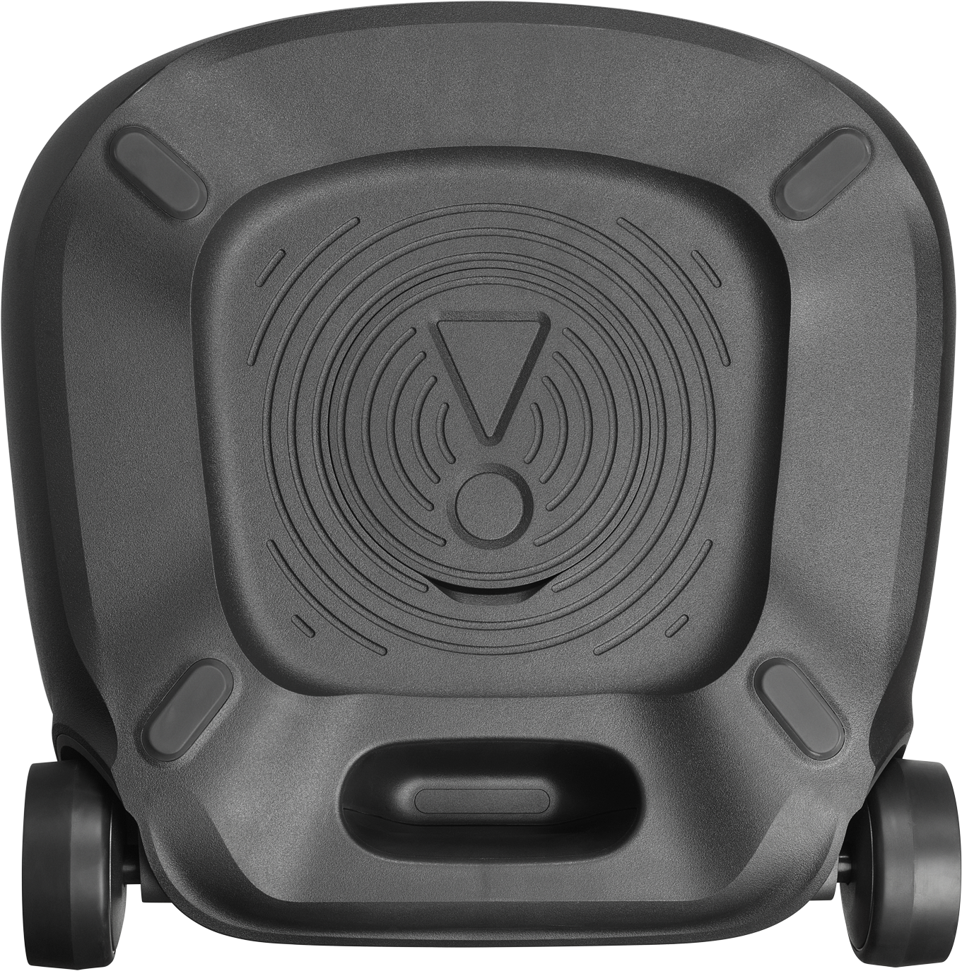 Unteransicht eines schwarzen JBL PartyBox-Lautsprechers mit Rädern und dem JBL-Logo.