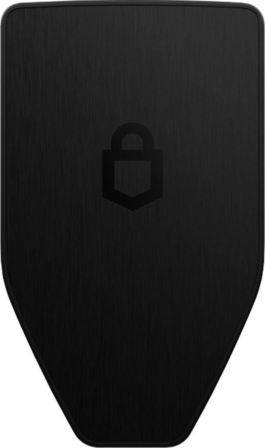 Appareil noir en forme de bouclier avec une surface texturée et une icône de cadenas.