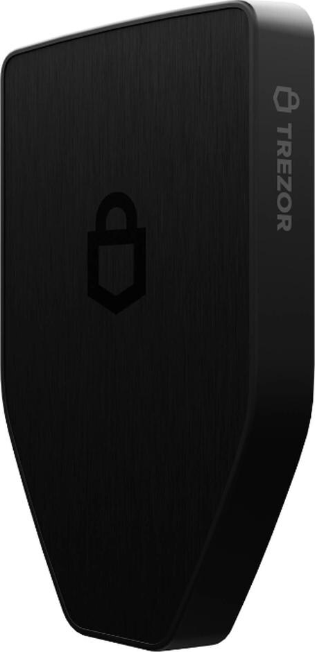 Appareil noir en forme de bouclier avec le logo Trezor sur le côté et une icône de cadenas à l'avant.
