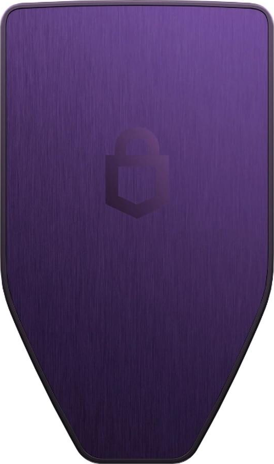 Portefeuille matériel violet avec icône de cadenas, bordure noire et texture métal brossé.