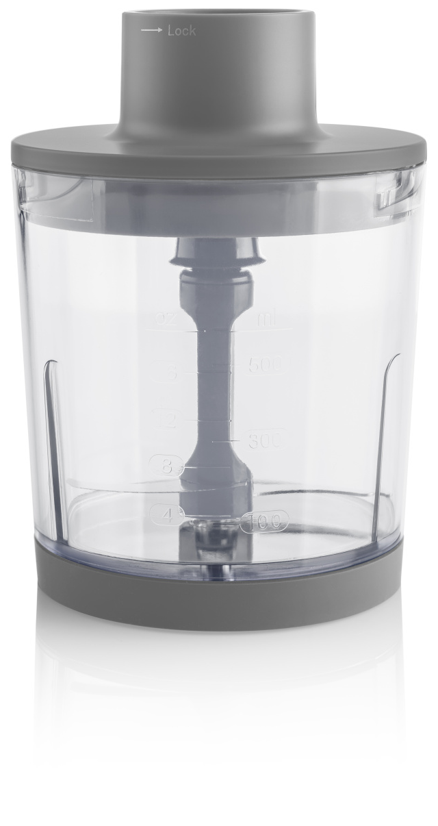 Átlátszó mixer tartály szürke tetővel. Oldalán mérések. Fekete mixer penge belül.
