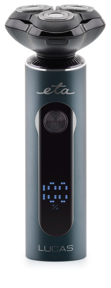 Elektromos borotva LCD kijelzővel, 'eta' márka, fehér háttér előtt.
