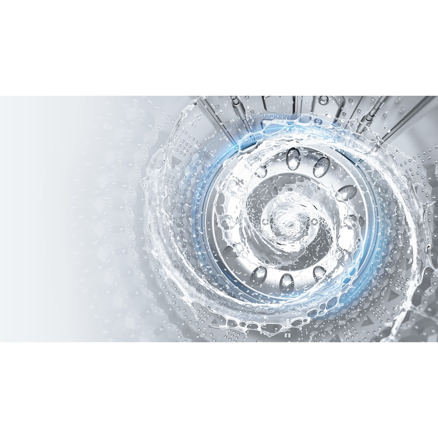 Acqua che turbina all'interno del cestello di una lavatrice. La luce blu illumina l'acqua.