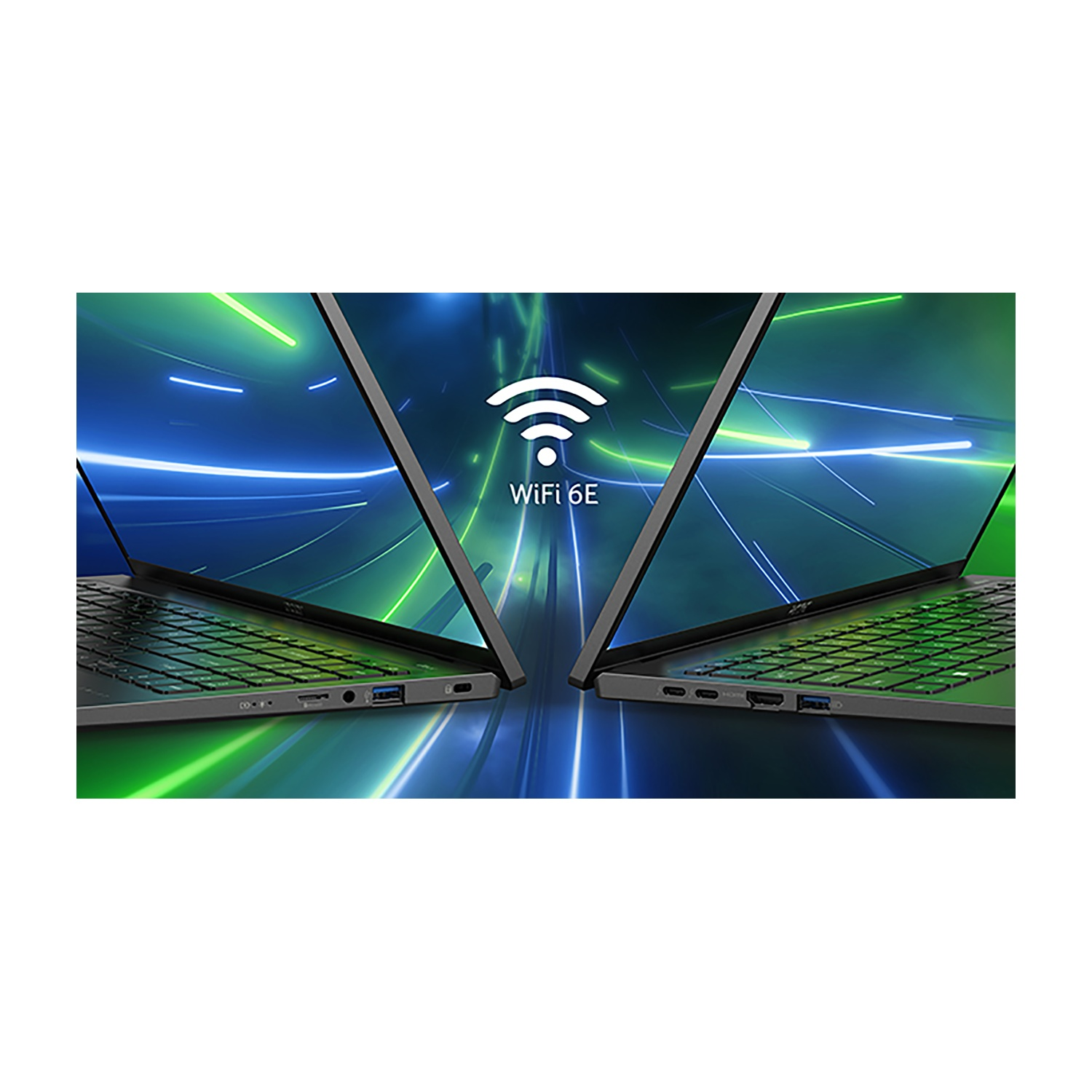 Due laptop Acer affiancati, mostrano il simbolo Wi-Fi 6E. I laptop sono grigi.