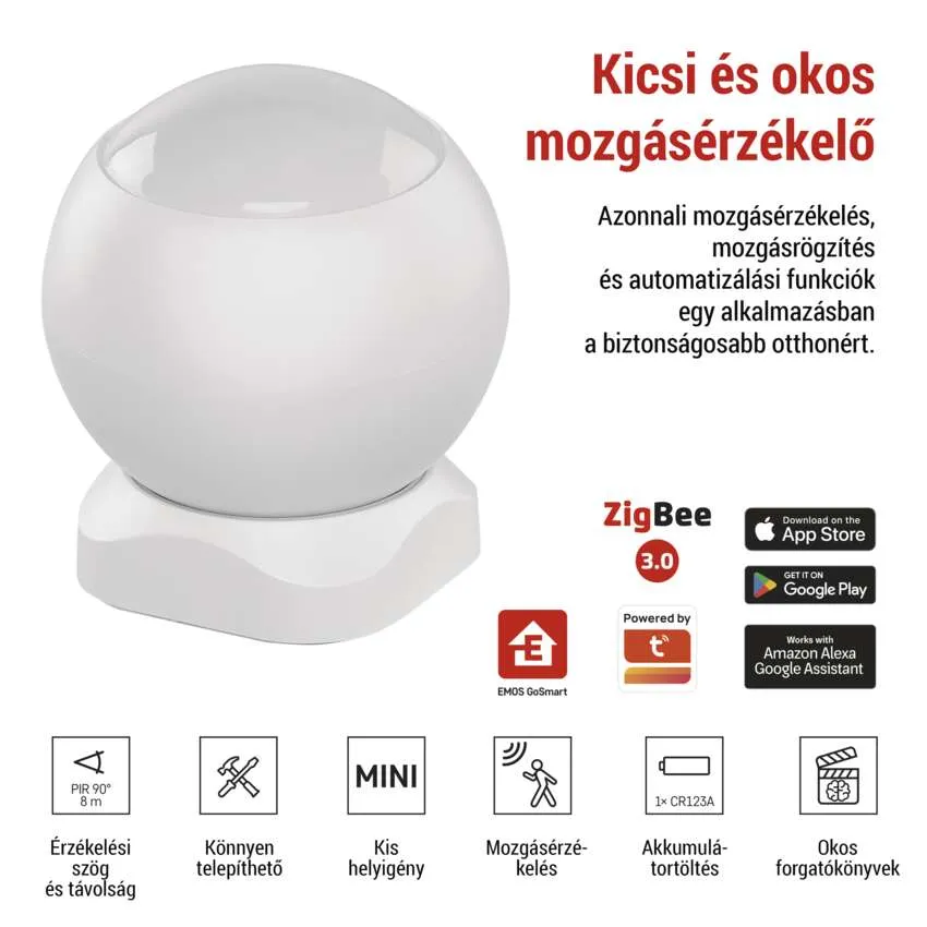 Fehér mozgásérzékelő szöveggel, ikonokkal és alkalmazás letöltési lehetőségekkel.