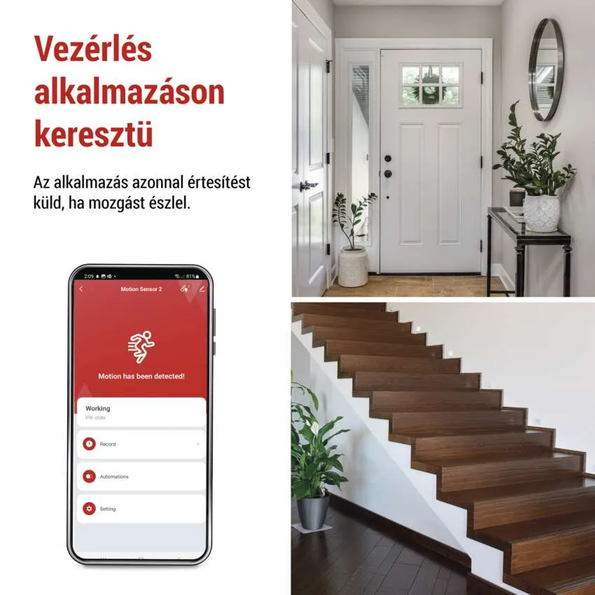 Okostelefon biztonsági alkalmazás felülettel, mozgásértesítéssel és belső térrel.