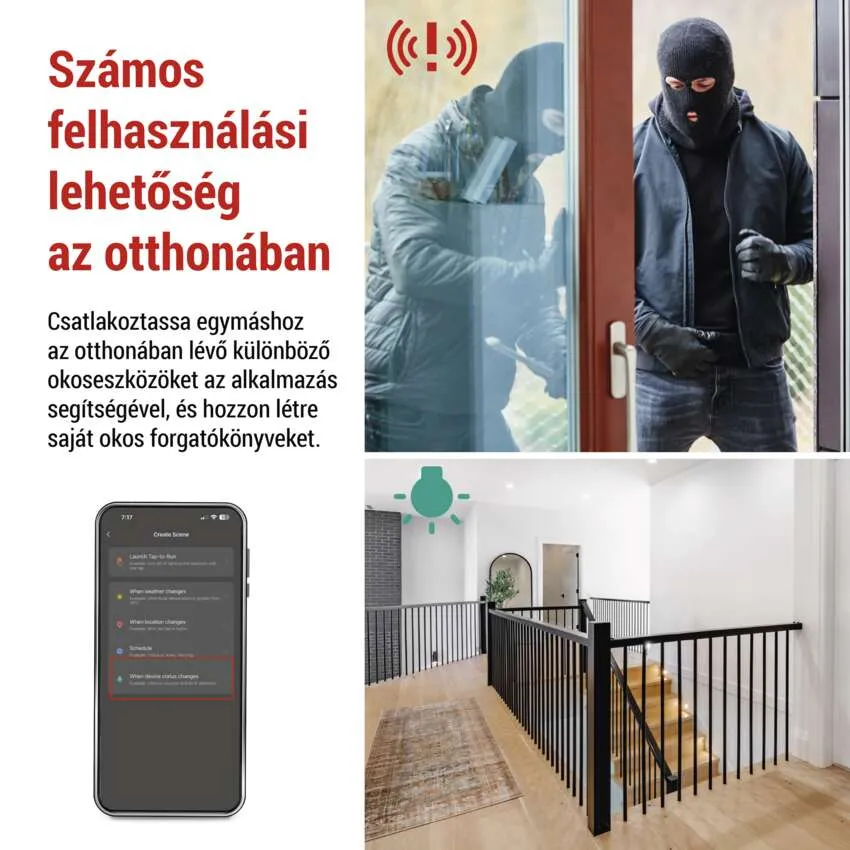 Okostelefon automatizálási beállításokkal, lakásbelsővel és egy betörővel, aki betöri az ablakot.