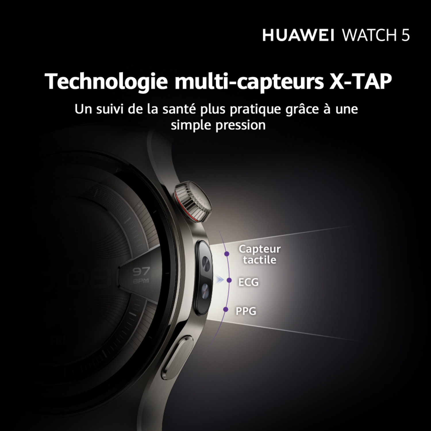 Huawei Watch 5. Texte: Technologie multi-capteurs X-TAP. Surveillance de santé simplifiée.