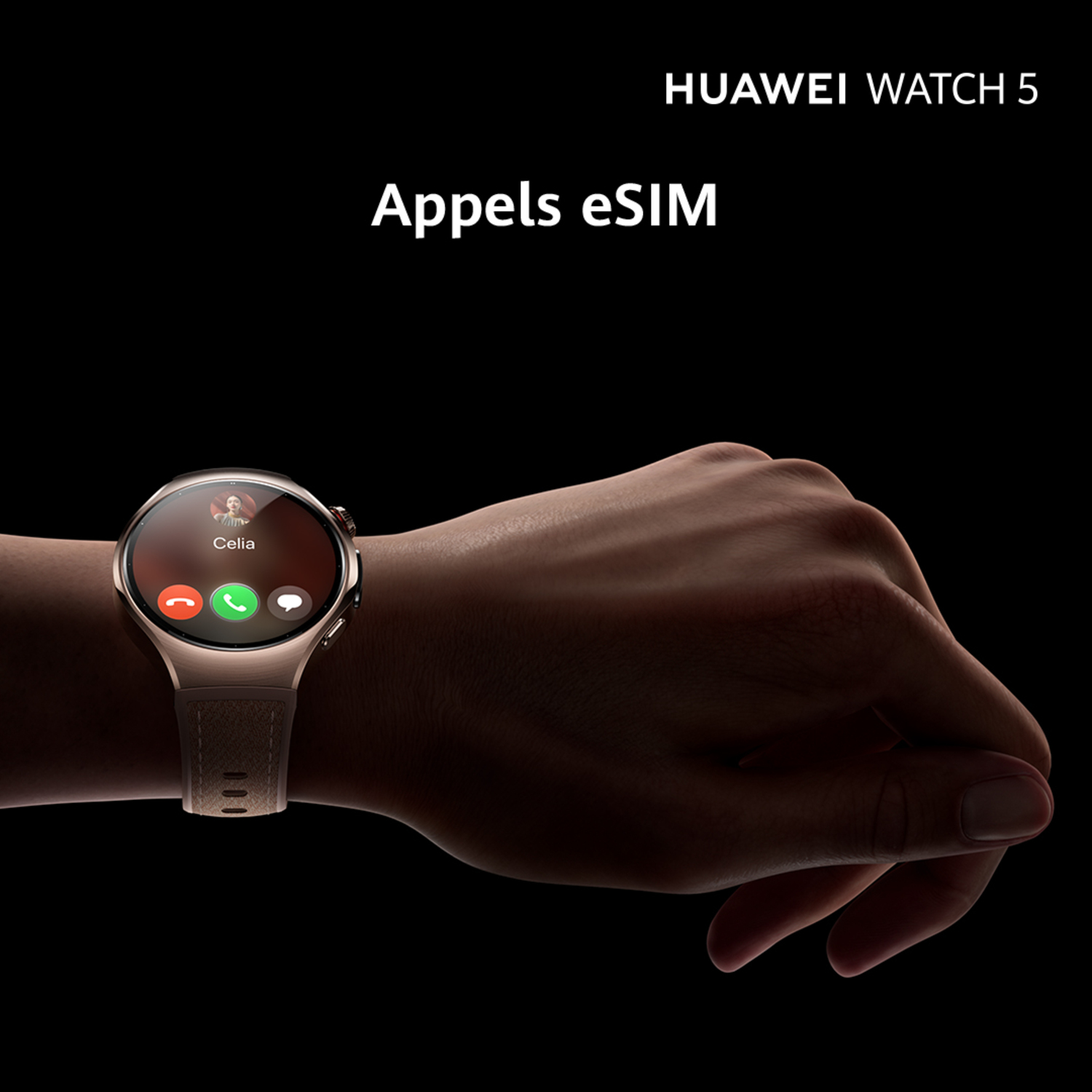 Main avec Huawei Watch 5 doré. Appel de Celia. Texte: Appels eSIM.