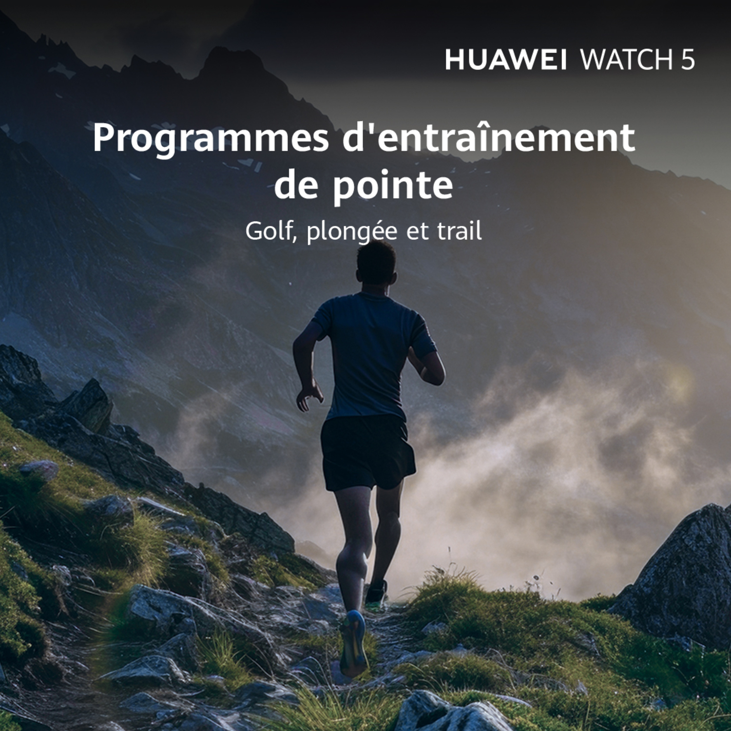 Homme courant sur sentier. Texte: Programmes d'entraînement, golf, plongée.